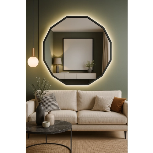 Lustro NÉROLI – nowoczesne lustro wielokątne LED z podświetleniem w czarnej ramie MDF | designerskie lustro dekoracyjne do salonu, sypialni, łazienki,